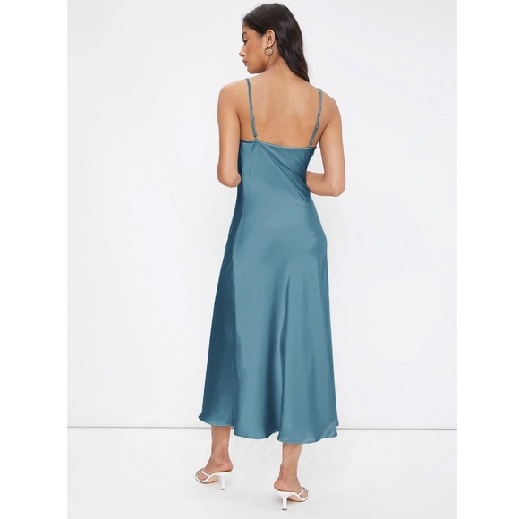 Blue Satin Cami Dress Midi  Adjustable Spaghetti Straps - Picture 4 of 8